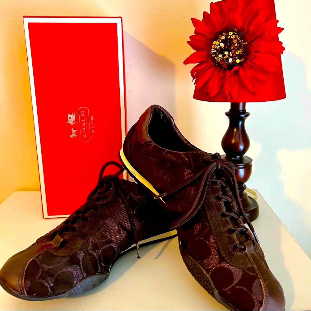COACH Katelyn Bronze Signature Canvas and Suede Sneaker, Size 8, Excellent